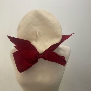 Stylish Cream Beret with Red Bow